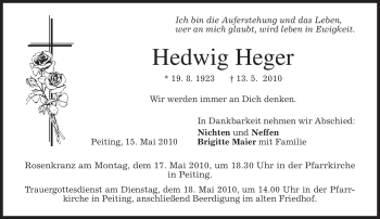 Traueranzeige von Hedwig Heger von MERKUR & TZ