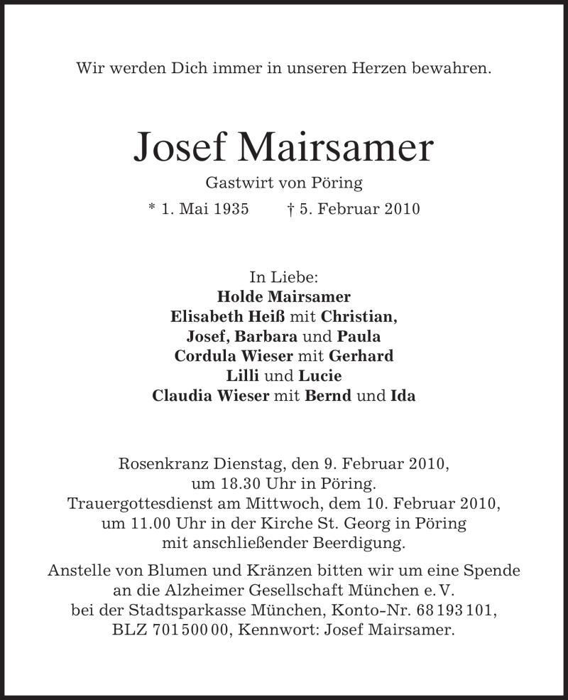  Traueranzeige für Josef Mairsamer vom 08.02.2010 aus MERKUR & TZ