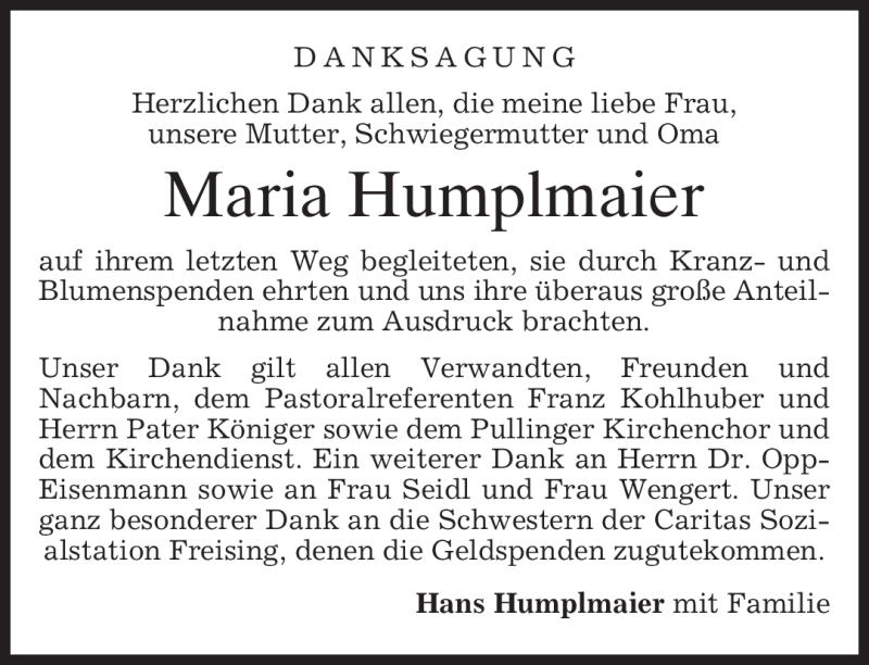  Traueranzeige für Maria Humplmaier vom 01.02.2011 aus MERKUR & TZ
