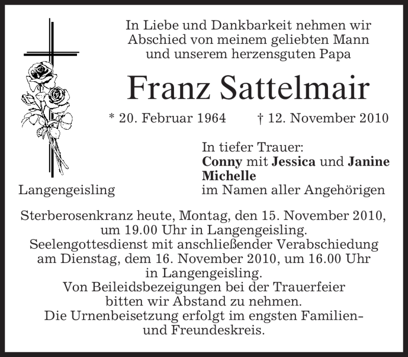  Traueranzeige für Franz Sattelmair vom 15.11.2010 aus MERKUR & TZ