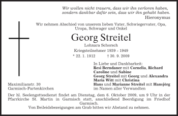Traueranzeige von Georg Streitel von MERKUR & TZ