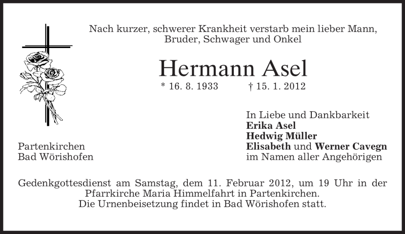  Traueranzeige für Hermann Asel vom 08.02.2012 aus MERKUR & TZ