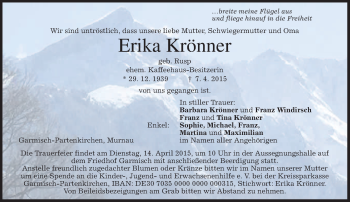 Traueranzeige von Erika Krönner von merkurtz