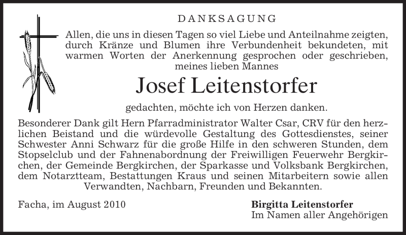  Traueranzeige für Josef Leitenstorfer vom 21.08.2010 aus MERKUR & TZ