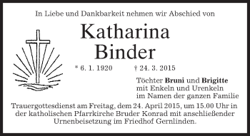 Traueranzeige von Katharina Binder von merkurtz