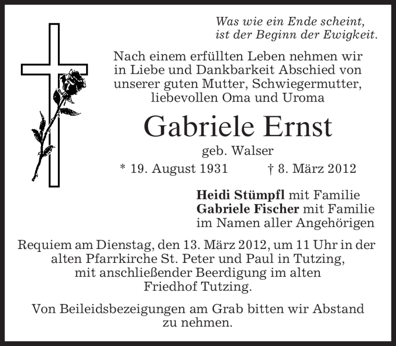  Traueranzeige für Gabriele Ernst vom 10.03.2012 aus MERKUR & TZ