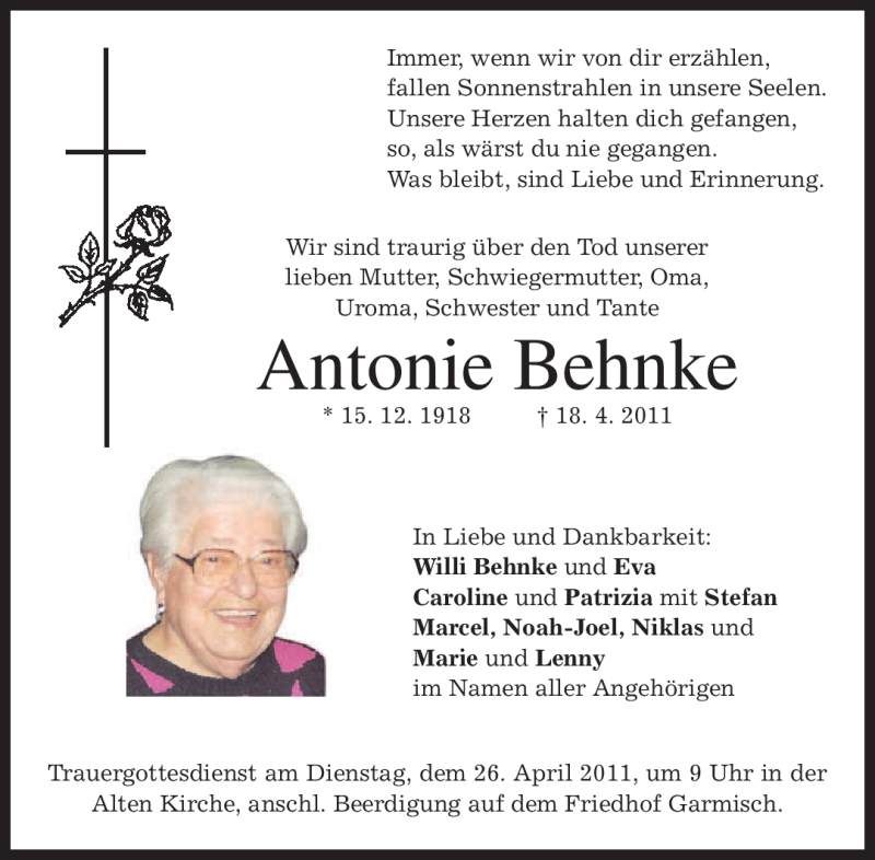  Traueranzeige für Antonie Behnke vom 23.04.2011 aus MERKUR & TZ