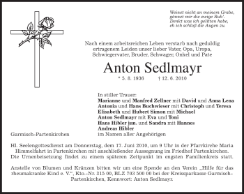 Traueranzeige von Anton Sedlmayr von MERKUR & TZ