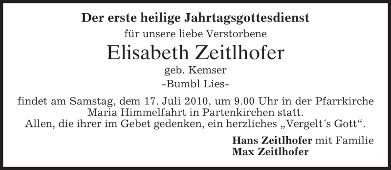  Traueranzeige für Elisabeth Zeitlhofer vom 10.07.2010 aus MERKUR & TZ