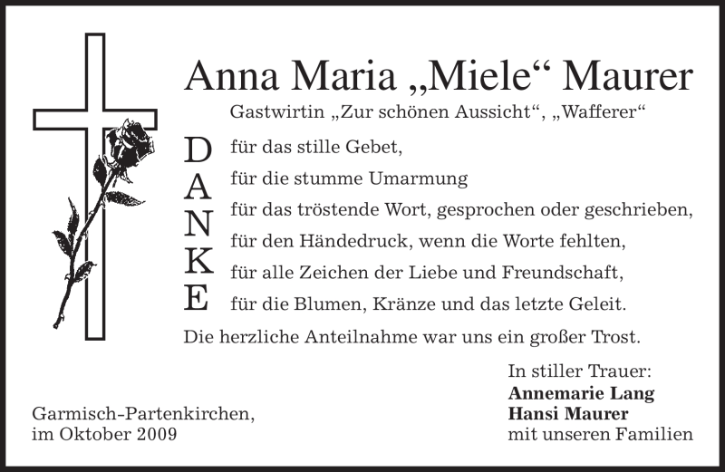 Traueranzeige für Anna Maria Maurer vom 31.10.2009 aus MERKUR & TZ