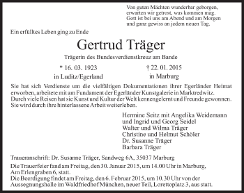 Traueranzeige von Gertrud Träger von merkurtz