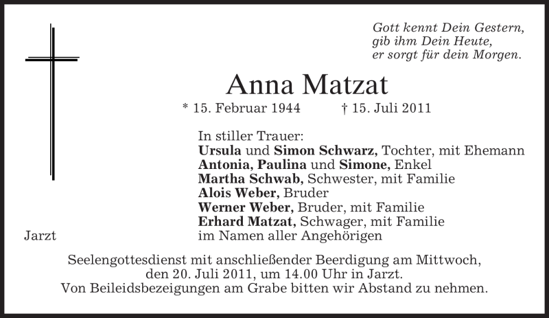  Traueranzeige für Anna Matzat vom 18.07.2011 aus MERKUR & TZ