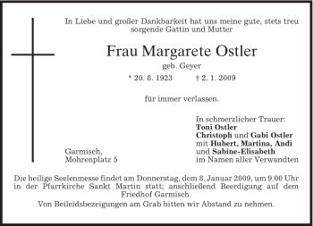 Traueranzeige von Margarete Ostler von MERKUR & TZ
