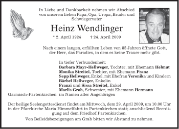 Traueranzeige von Heinz Wendlinger von MERKUR & TZ