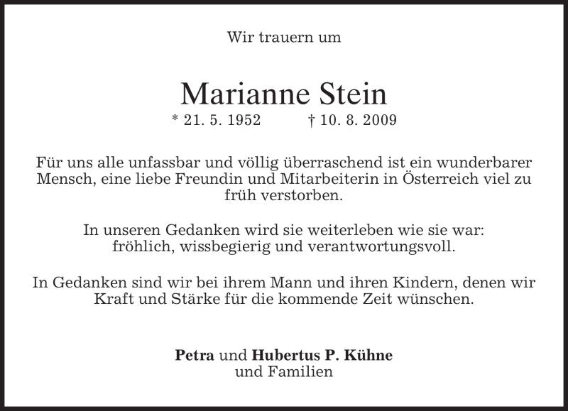  Traueranzeige für Marianne Stein vom 19.08.2009 aus MERKUR & TZ