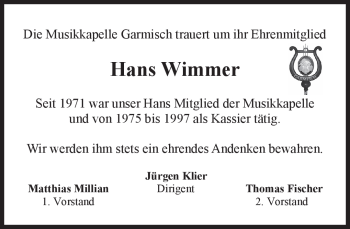 Traueranzeige von Hans Wimmer von MERKUR & TZ