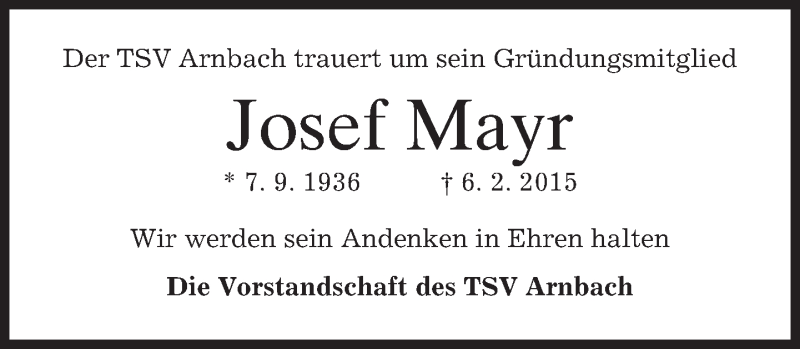  Traueranzeige für Josef Mayr vom 10.02.2015 aus merkurtz