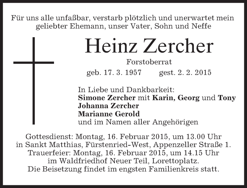  Traueranzeige für Heinz Zercher vom 14.02.2015 aus merkurtz