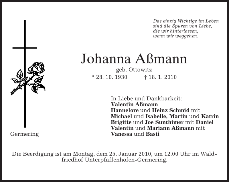  Traueranzeige für Johanna Aßmann vom 23.01.2010 aus MERKUR & TZ