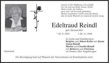 Traueranzeige von Edeltraud Reindl von MERKUR & TZ