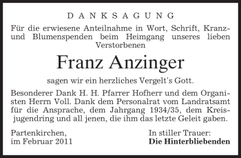 Traueranzeige von Franz Anzinger von MERKUR & TZ