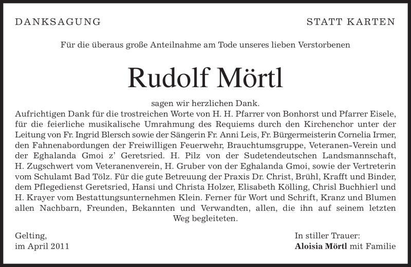  Traueranzeige für Rudolf Mörtl vom 07.05.2011 aus MERKUR & TZ