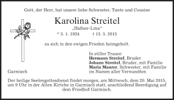 Traueranzeige von Karolina Streitel von merkurtz