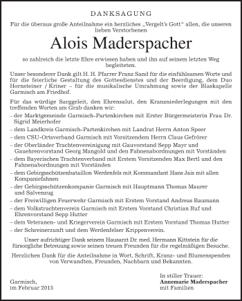 Traueranzeige von Alois  Maderspacher von merkurtz