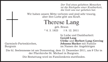 Traueranzeige von Therese Lang von MERKUR & TZ
