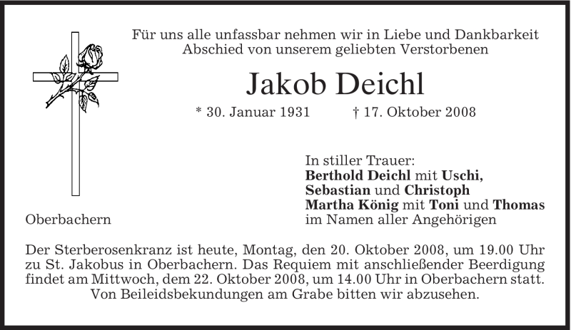  Traueranzeige für Jakob Deichl vom 20.10.2008 aus MERKUR & TZ