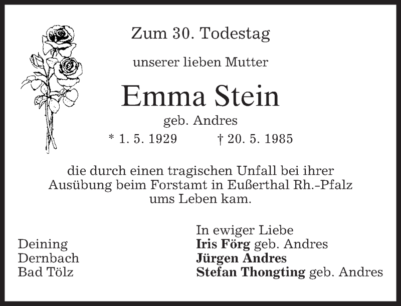  Traueranzeige für Emma Stein vom 20.05.2015 aus merkurtz