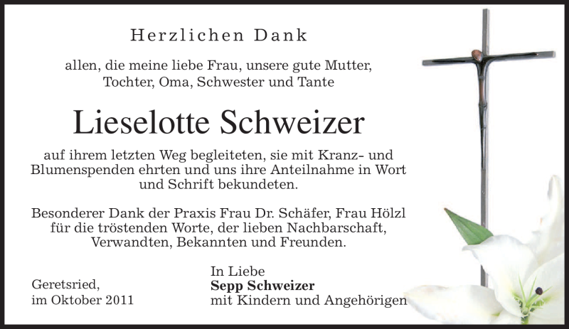  Traueranzeige für Lieselotte Schweizer vom 08.10.2011 aus MERKUR & TZ
