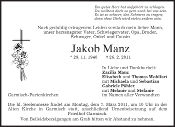 Traueranzeige von Jakob Manz von MERKUR & TZ