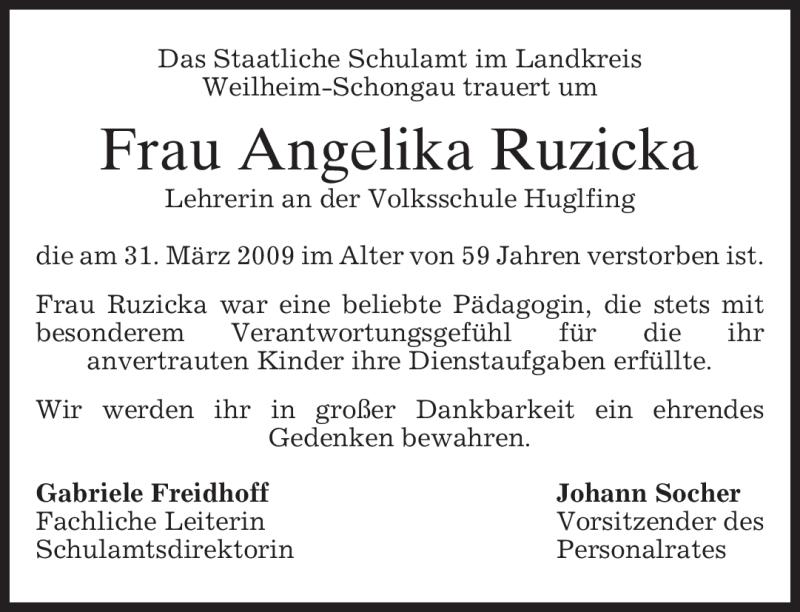  Traueranzeige für Angelika Ruzicka vom 02.04.2009 aus MERKUR & TZ