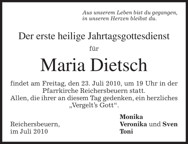  Traueranzeige für Maria Dietsch vom 21.07.2010 aus MERKUR & TZ