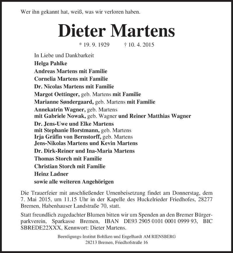  Traueranzeige für Dieter Martens vom 22.04.2015 aus merkurtz