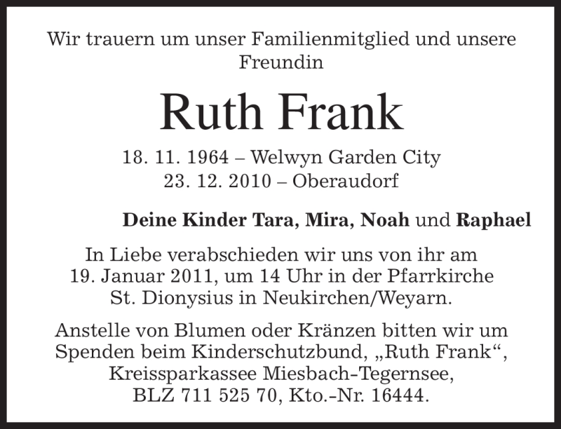  Traueranzeige für Ruth Frank vom 08.01.2011 aus MERKUR & TZ