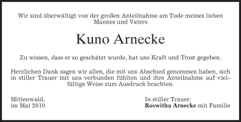 Traueranzeige von Kuno Arnecke von MERKUR & TZ