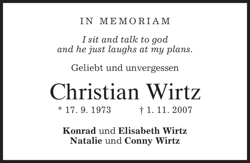  Traueranzeige für Christian Wirtz vom 31.10.2011 aus MERKUR & TZ