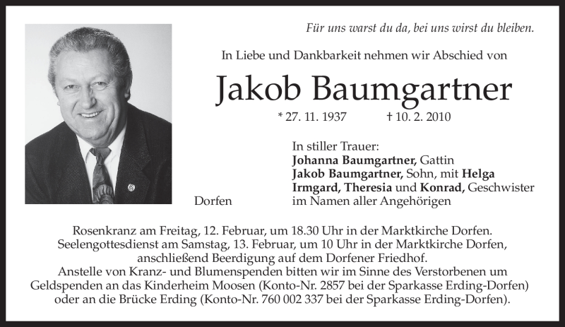 Traueranzeige für Jakob Baumgartner vom 12.02.2010 aus MERKUR & TZ