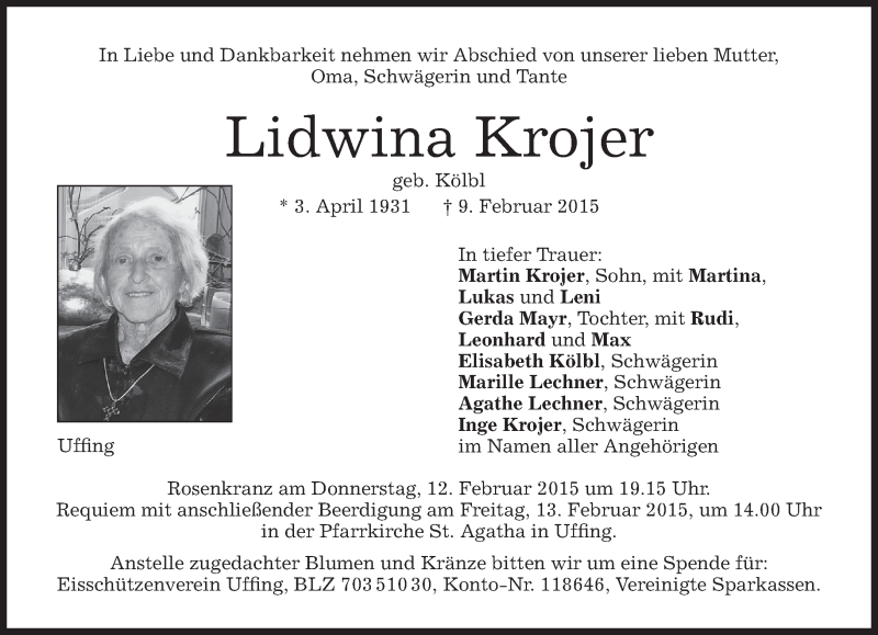  Traueranzeige für Lidwina Krojer vom 11.02.2015 aus merkurtz