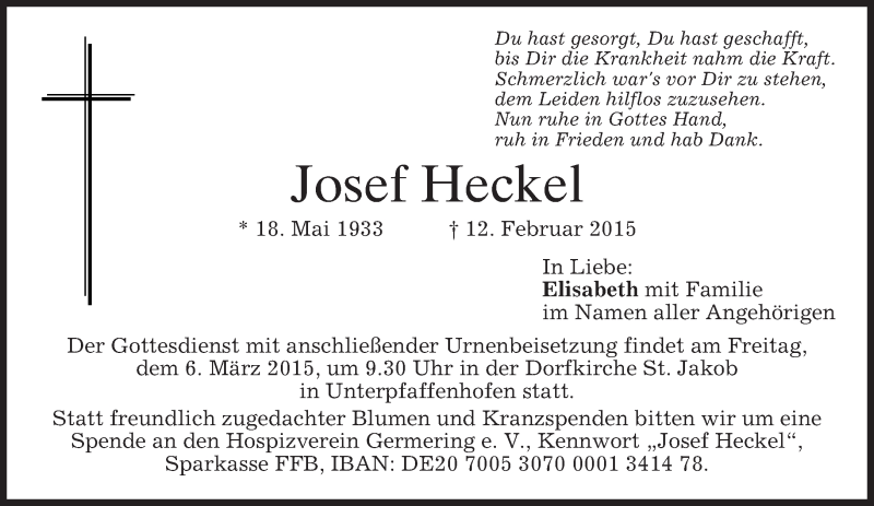  Traueranzeige für Josef Heckel vom 28.02.2015 aus merkurtz
