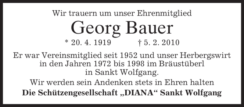  Traueranzeige für Georg Bauer vom 09.02.2010 aus MERKUR & TZ