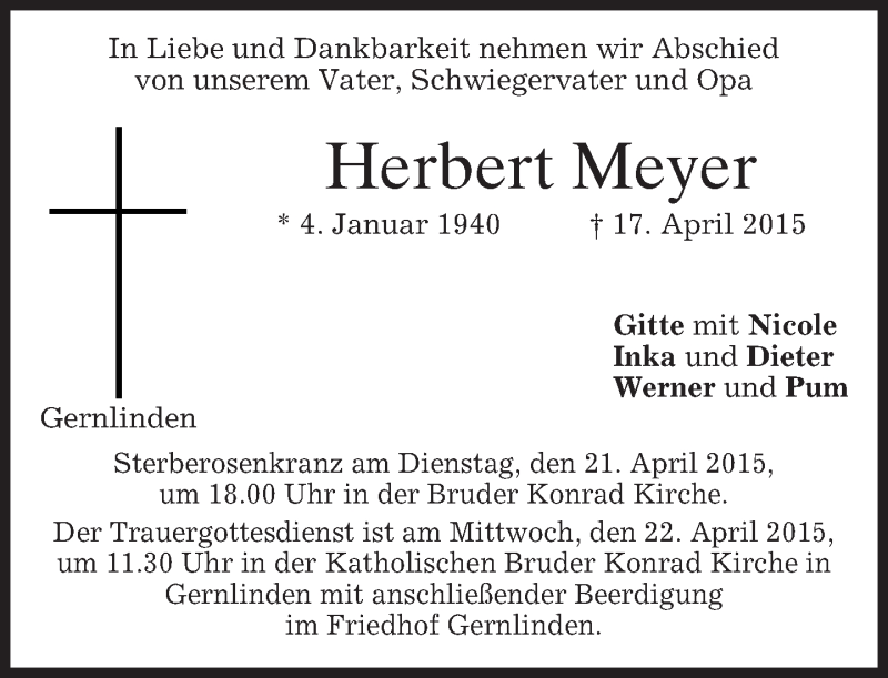  Traueranzeige für Herbert Meyer vom 20.04.2015 aus merkurtz
