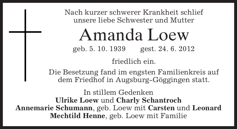  Traueranzeige für Amanda Loew vom 28.07.2012 aus MERKUR & TZ