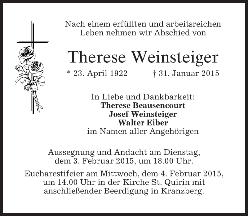  Traueranzeige für Therese Weinsteiger vom 02.02.2015 aus merkurtz