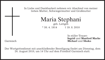 Traueranzeige von Maria Stephani von MERKUR & TZ