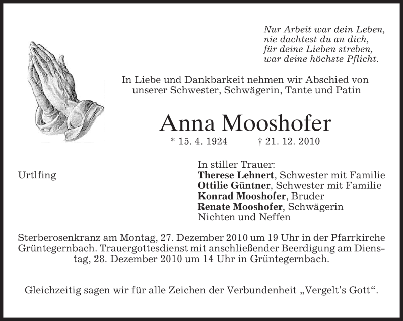  Traueranzeige für Anna Mooshofer vom 24.12.2010 aus MERKUR & TZ