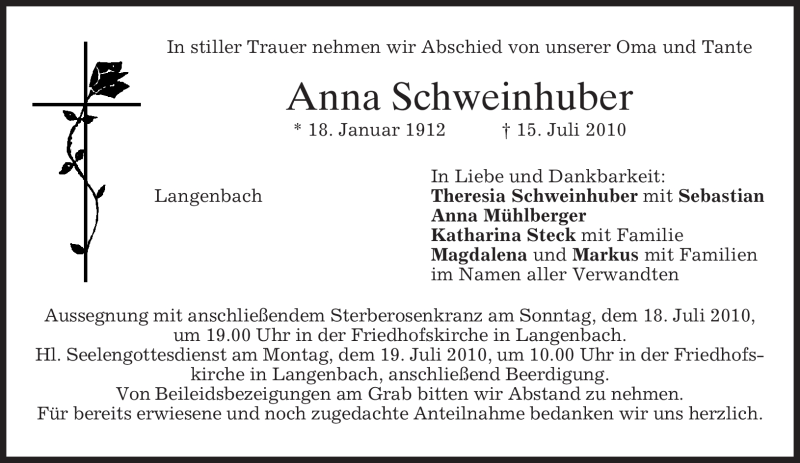  Traueranzeige für Anna Schweinhuber vom 17.07.2010 aus MERKUR & TZ