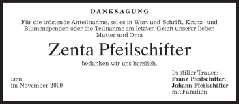 Traueranzeige von Zenta Pfeilschifter von MERKUR & TZ